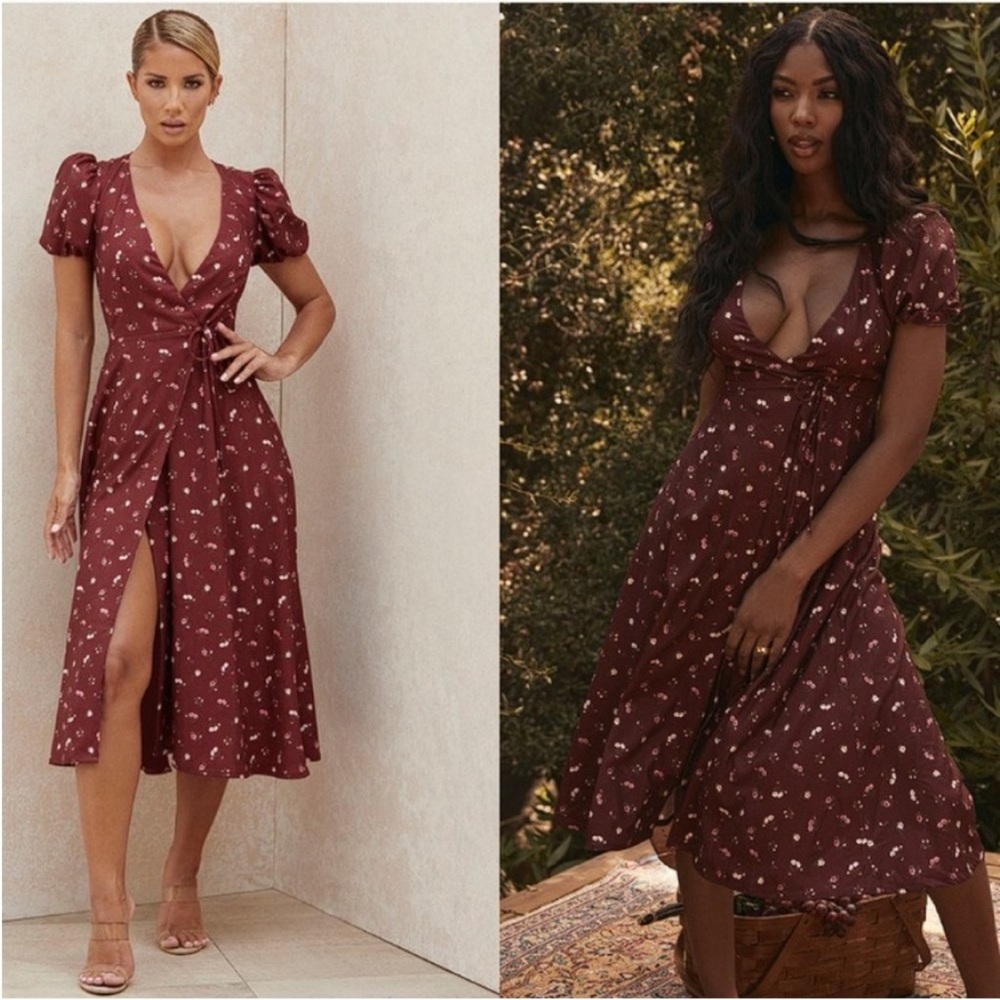 Elegant Burgundy Floral Wrap Dress
